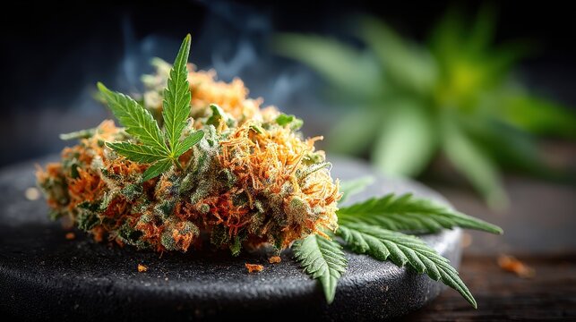 Cannabis Flower Bud on Stone Plate - Marijuana Plant Closeup