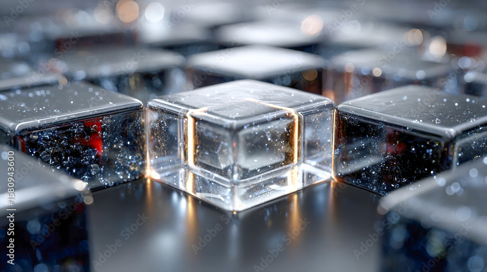 Poster abstract close-up of glossy and textured metallic cubes arranged in a grid, showcasing vibrant refle