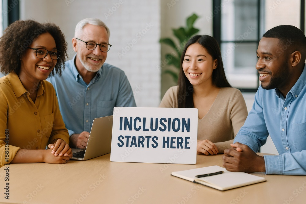 Poster diverse group of professionals collaborates around a table, focusing on inclusion and teamwork in a 