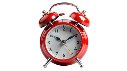 Classic red twin bell alarm clock isolated on transparent background