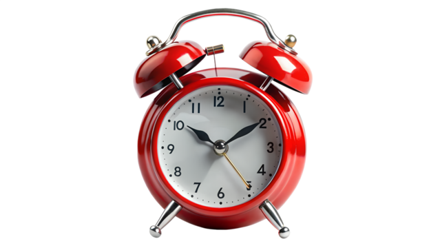 Classic red twin bell alarm clock isolated on transparent background