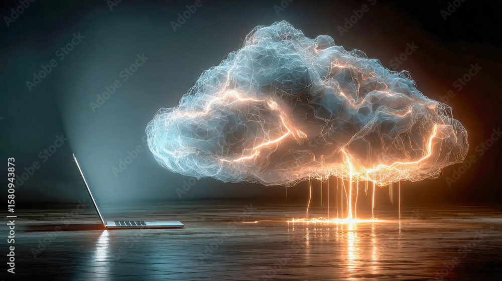 Poster a glowing, futuristic cloud made of light and wireframe lines rises from an open laptop, symbolizing