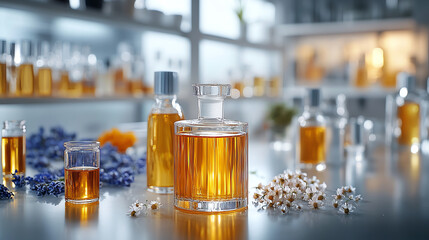 A collection of beautifully crafted glass bottles filled with golden liquid, surrounded by lavender and floral accents.