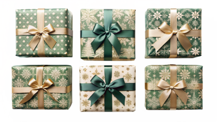 Six festive christmas gift boxes with gold and green ribbons isolated on transparent background