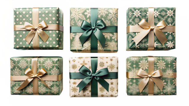 Six festive christmas gift boxes with gold and green ribbons isolated on transparent background