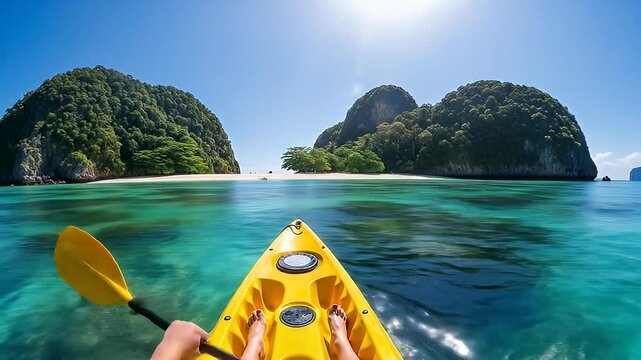 A solo kayaker paddles toward stunning tropical islands.