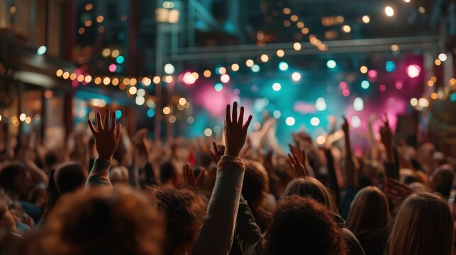 Energetic crowd raising hands at vibrant outdoor concert with colorful stage lights for event marketing.