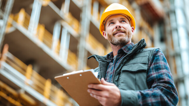 A construction manager inspects the building site with a clipboard while wearing a safety helmet, showcasing dedication and professionalism.