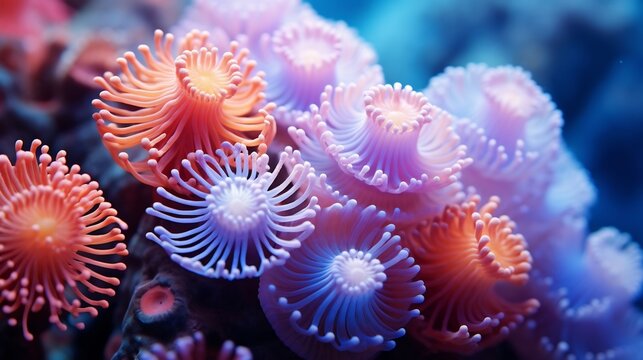 A macro view of Christmas tree worms Spirobranchus emerging from coral, spiral radioles in gradient hues,