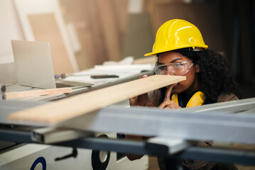 Carpentry Woman Wearing Safety Equipment Crafting Wood in Factory, African American Worker in...