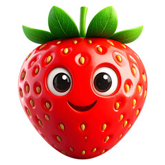 Obraz premium Cartoon Strawberry with Big Eyes, Smile, and Two Green Leaves, Front View, Isolated PNG