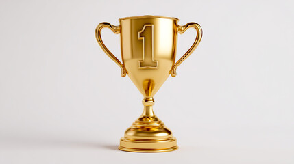 3D render of a golden trophy with the number one on it, against a white background