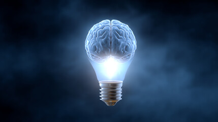 A creative concept of a glowing light bulb designed like a human brain, symbolizing innovation and intellect in technology.