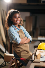 Portrait African American Woman Wearing Apron and Smiling Confidently in Craft Workshop,...