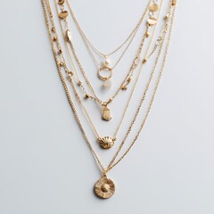 A gold layered necklace with shells and seas charms