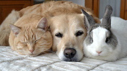 A cozy scene featuring a peaceful dog, cat, and rabbit resting together, showcasing companionship and harmony among pets.