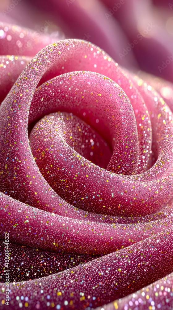 Poster a macro shot of soft, curling pink fabric covered in fine glitter particles, creating a dazzling and