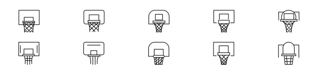 Basketball Hoop Line Icons Set – Sports Equipment, Game Net, Court Symbols