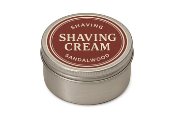 Sandalwood shaving cream in a round metal tin on transparent background