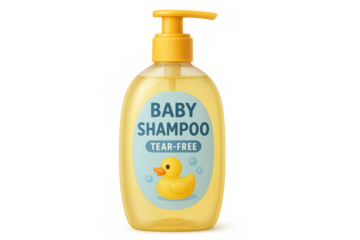 Yellow plastic bottle of tear-free baby shampoo with pump dispenser on transparent background