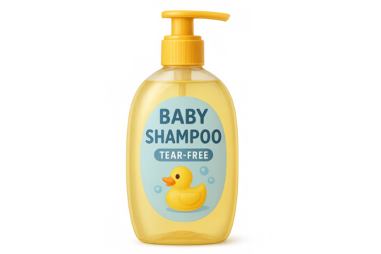 Yellow plastic bottle of tear-free baby shampoo with pump dispenser on transparent background