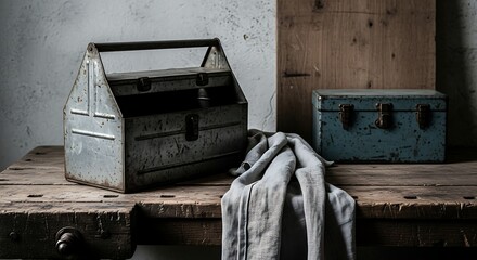 Old Metal Toolbox and Chest on a Wooden Workbench