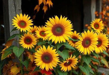 Golden sunflowers and vibrant autumn leaves in a rustic setting,  garden,  season