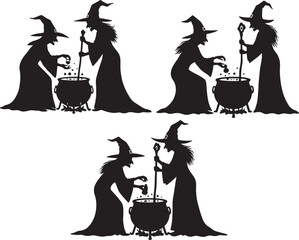 Two witches brewing potion in a cauldron silhouette