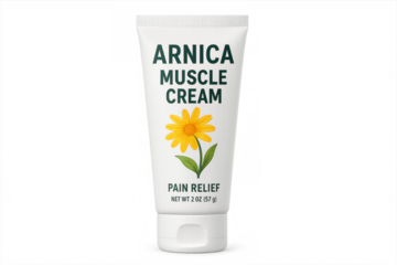 Arnica muscle cream tube promoting pain relief on transparent background