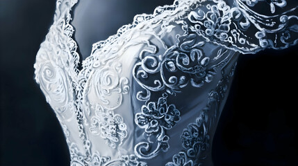 Closeup white lace wedding dress bodice