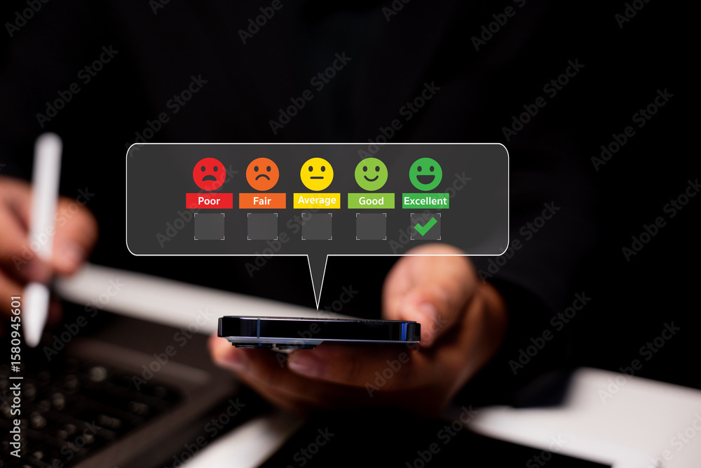 Poster a person holds a smartphone with a digital feedback rating scale showing five smiley faces from poor