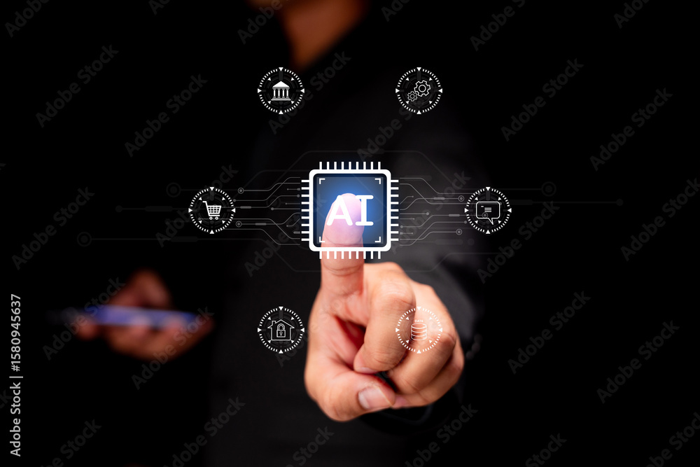 Poster a person interacts with a digital interface featuring an ai chip surrounded by technology and indust