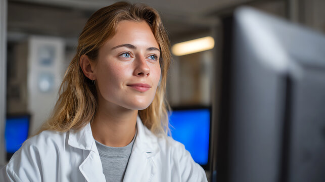 A focused female scientist working on a computer in a laboratory setting, embodying dedication and passion for research and discovery.