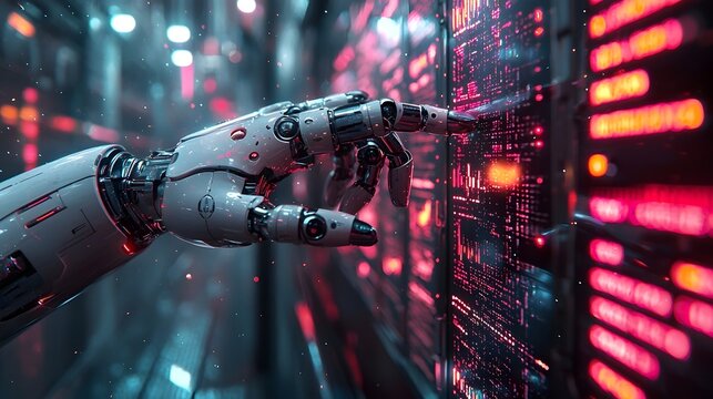 Futuristic Finance Concept with Robotic Hand and Neon Market Graph