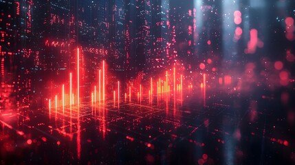 Futuristic neon skyscraper with glowing data visualizations