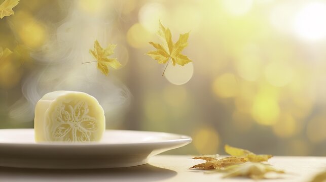 A close-up of a mooncake with floral imprint on a porcelain plate, surrounded by autumn leaves in soft focus.