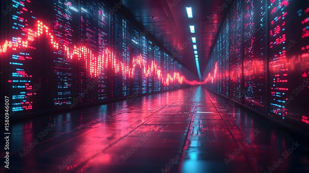 Poster neon trading graph fluctuating in a dark data center
