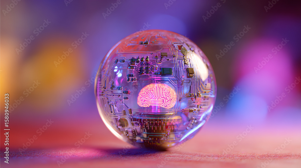 Aufkleber a futuristic globe showcasing a circuit board and glowing brain, symbolizing innovation and the rise