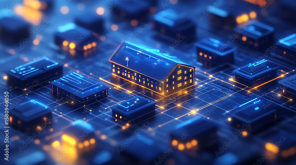 Poster a futuristic representation of a digital cityscape with glowing buildings connected by lines of data