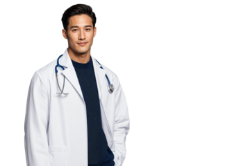Smiling young Asian male doctor in white lab coat and stethoscope, looking confident isolated on transparent background