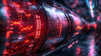 Futuristic neon investment growth chart in a transparent cyber finance vault