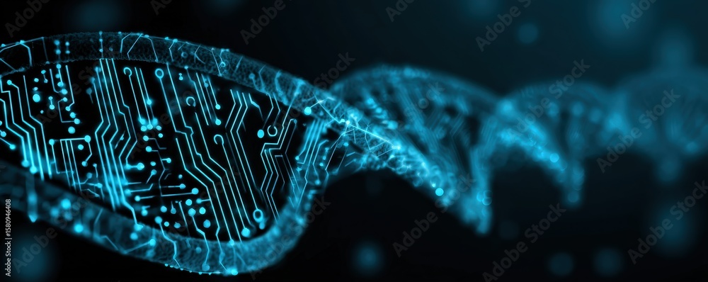 Aufkleber a digital representation of a dna double helix composed of blue circuitry patterns on a dark backgro