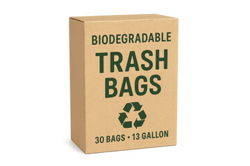 Cardboard box of biodegradable trash bags on transparent background