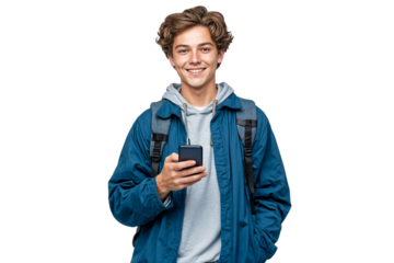 Smiling young college student with a backpack and smartphone, looking cheerful and ready for class, isolated on transparent background