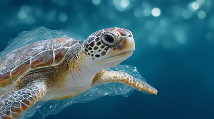 Fototapeta premium A green sea turtle swimming gracefully through clear waters, showcasing the beauty of marine life and the importance of ocean conservation.
