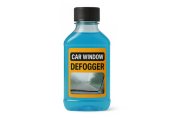 Car window defogger bottle showing foggy road on transparent background