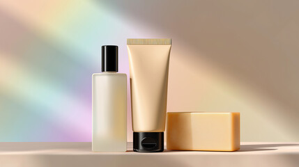 Cosmetic tube and bottle mockup on beige background with rainbow light effects – minimalist product shot