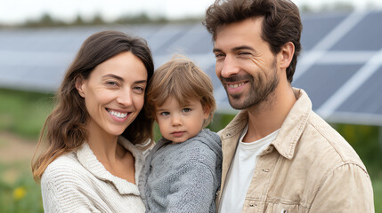 Fototapeta premium A happy family enjoys a sunny day outdoors, showcasing joy and togetherness with solar panels in the background.