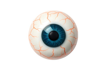 Close up of a realistic blue eyeball with red veins against black