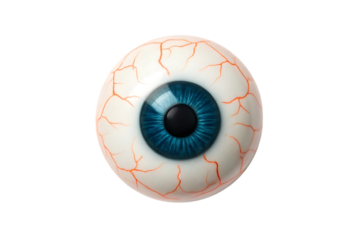 Close up of a realistic blue eyeball with red veins against black
